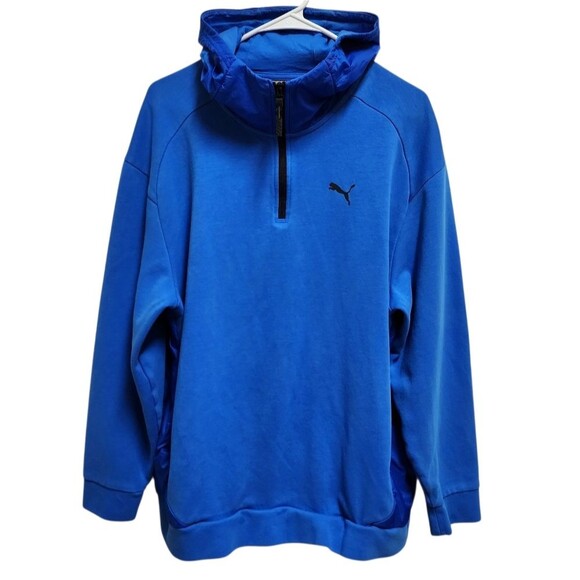 Puma Hooded Sweatshirt Mens Sz L Blue 1/4 Zip Long Slv Hoodie Pockets Pullover - Picture 2 of 12